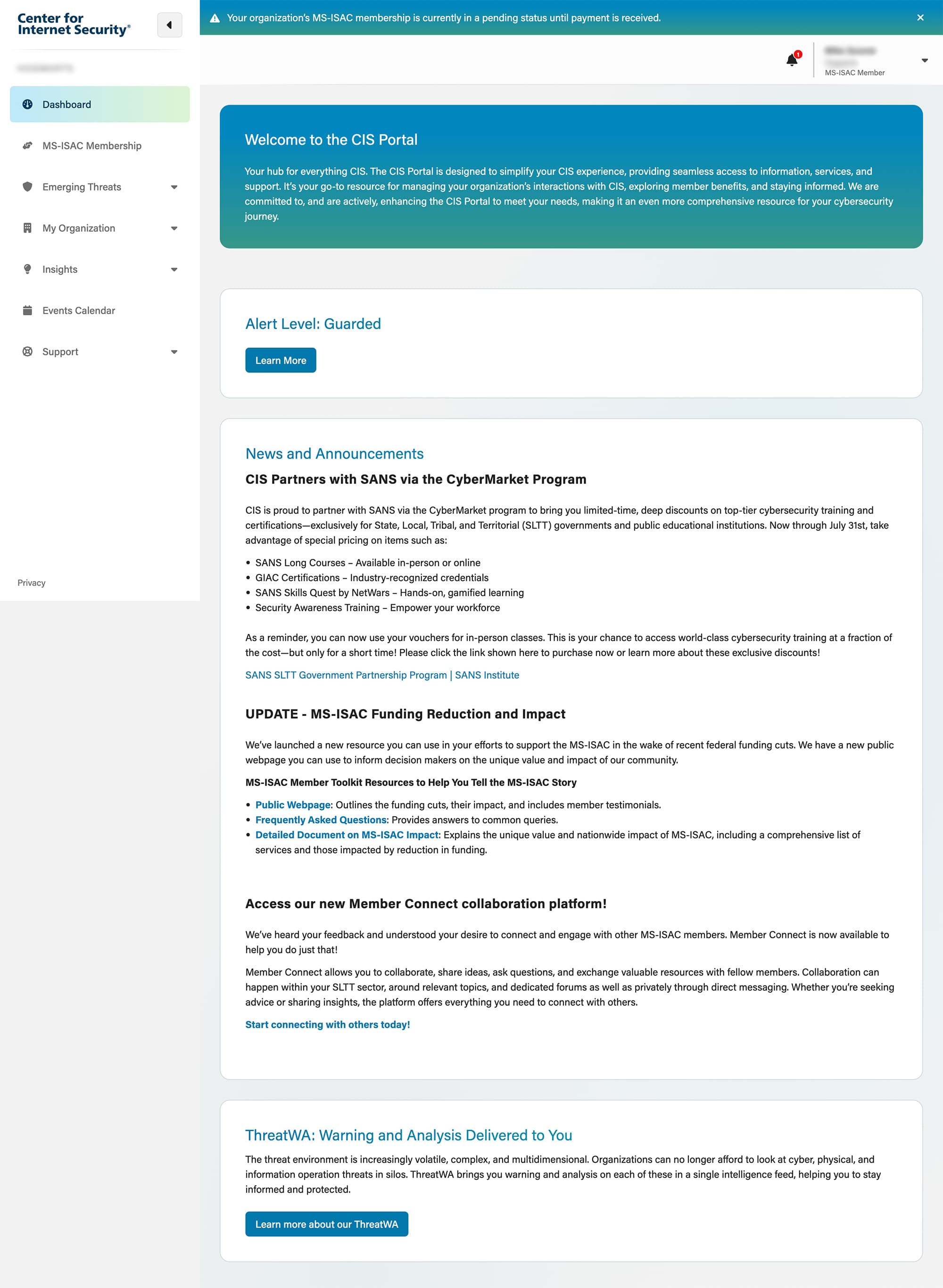 Screenshot of the Center for Internet Security Portal's authenticated landing page
