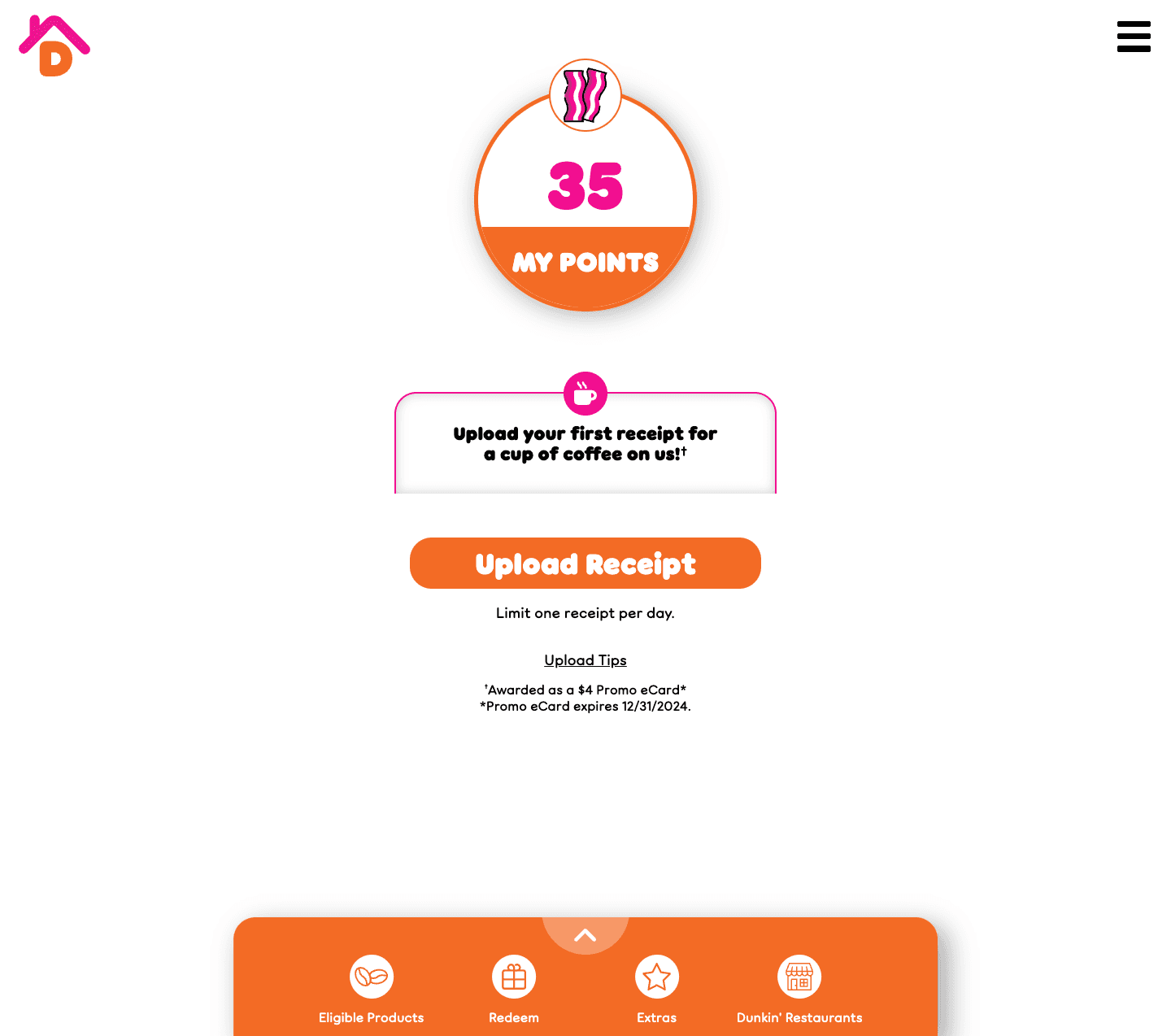 Screenshot of the Dunkin' at Home Extras Loyalty Program