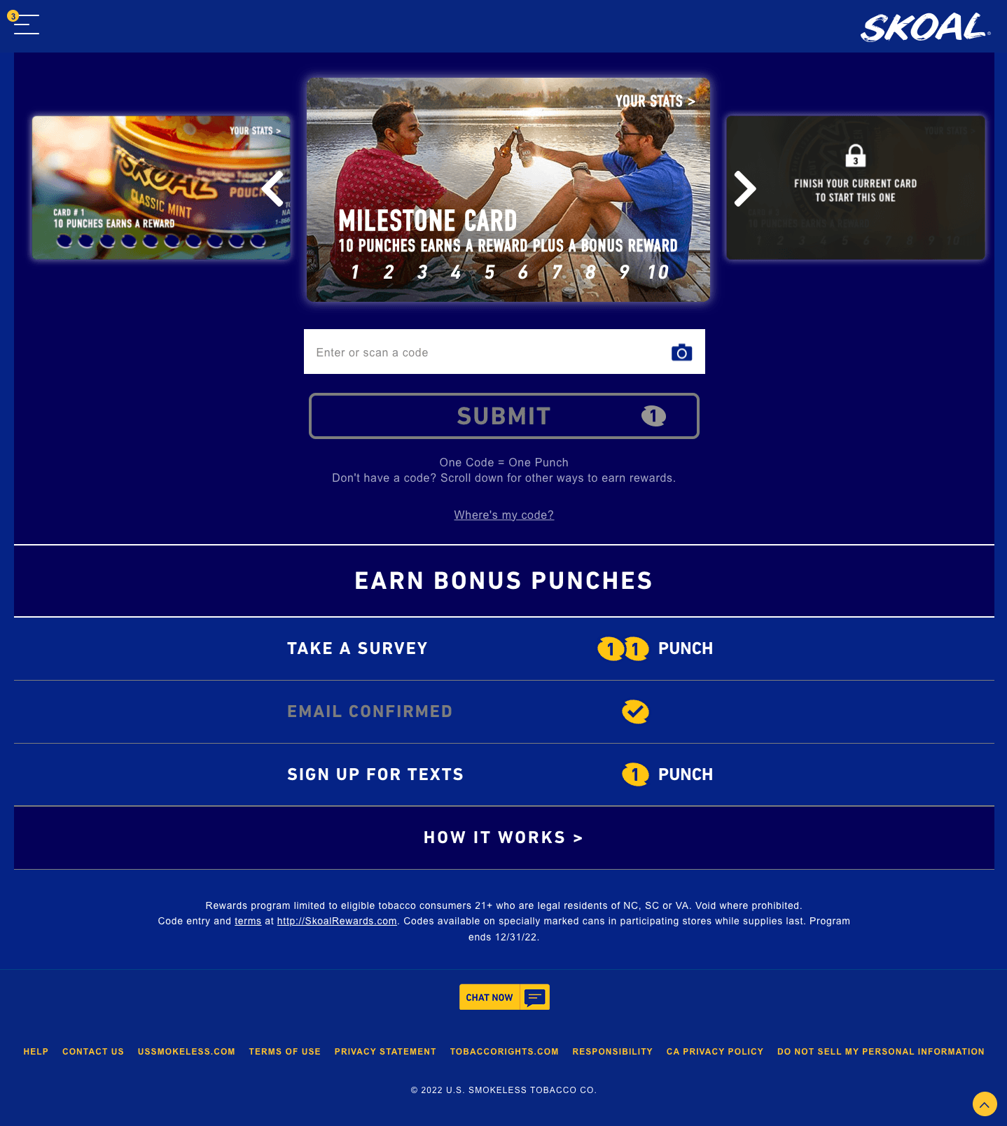 Screenshot of the Skoal Rewards program