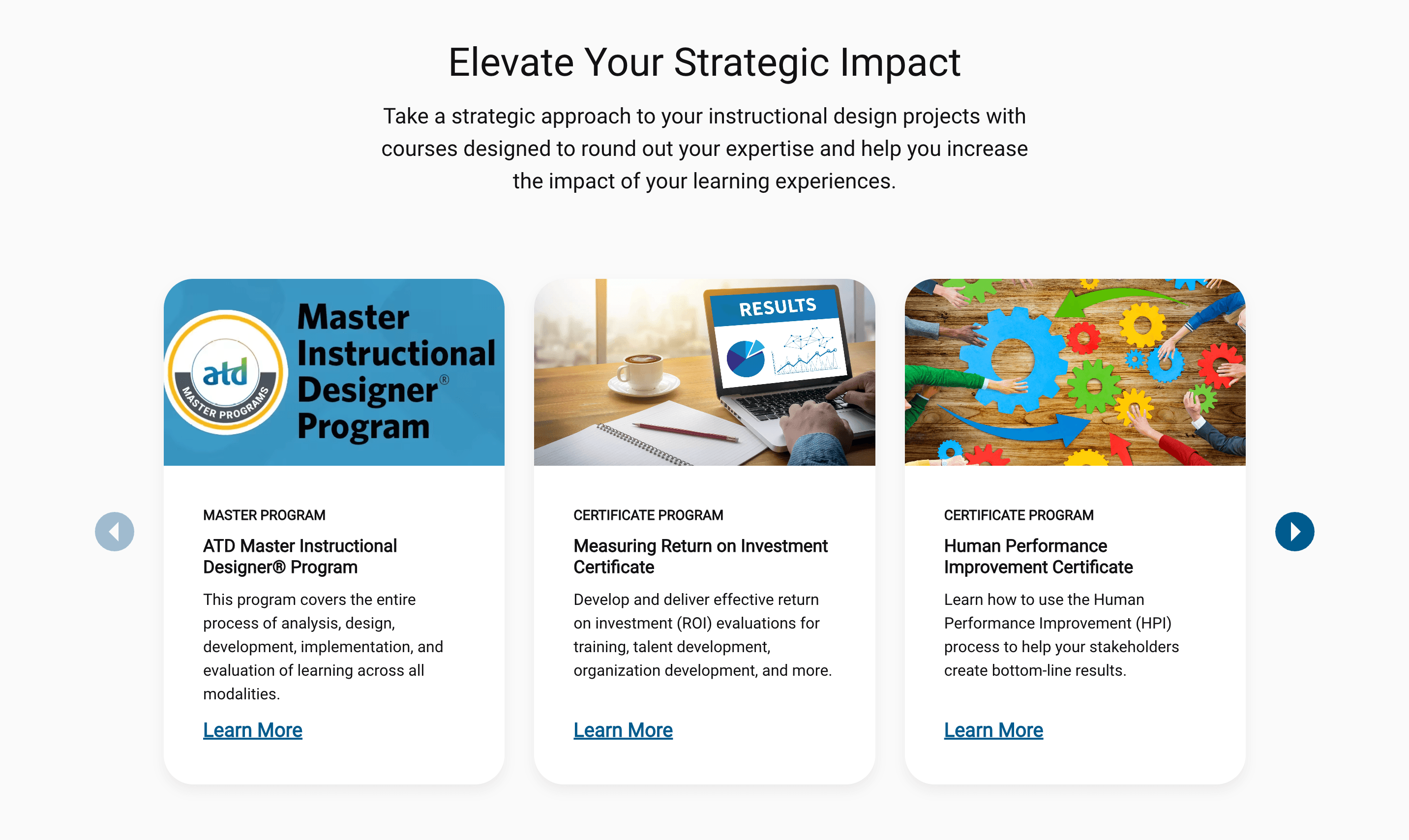 Screenshot of a card carousel displaying three ATD educational programs