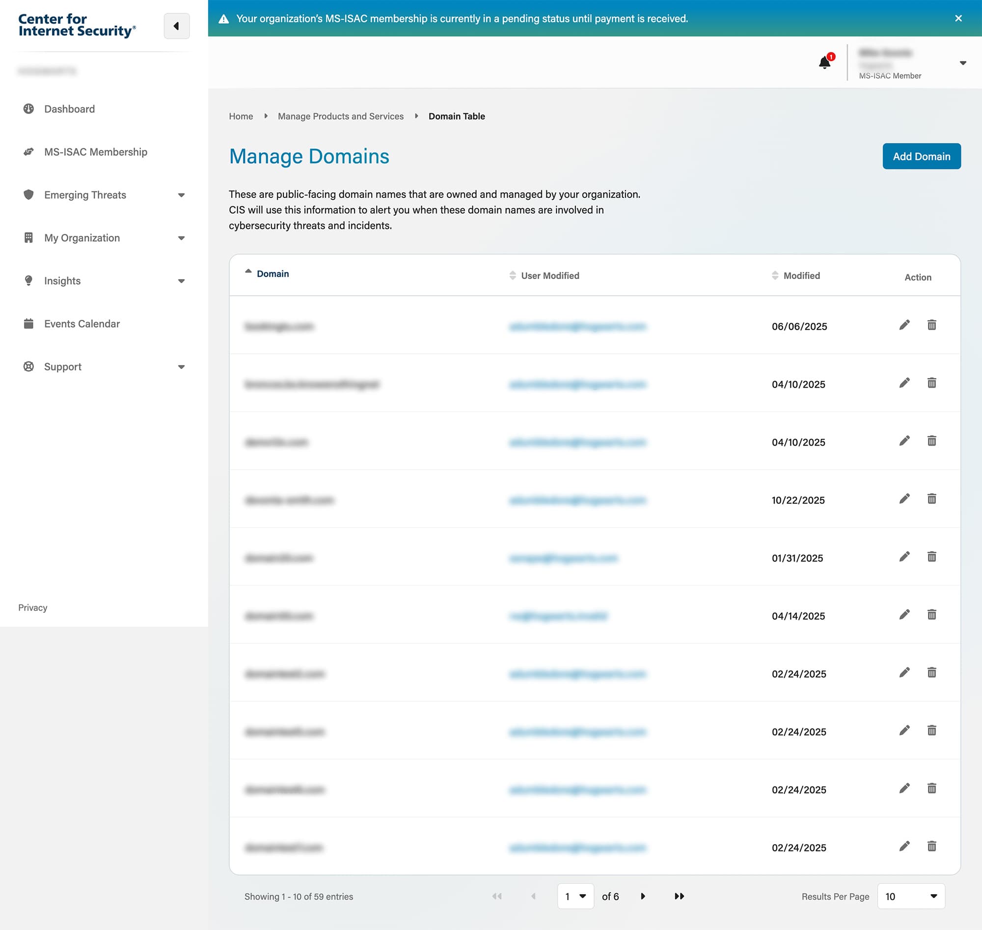 Screenshot of a table of domains managed by an organization participating in the Center for Internet Security Portal. Sensitive information is redacted.