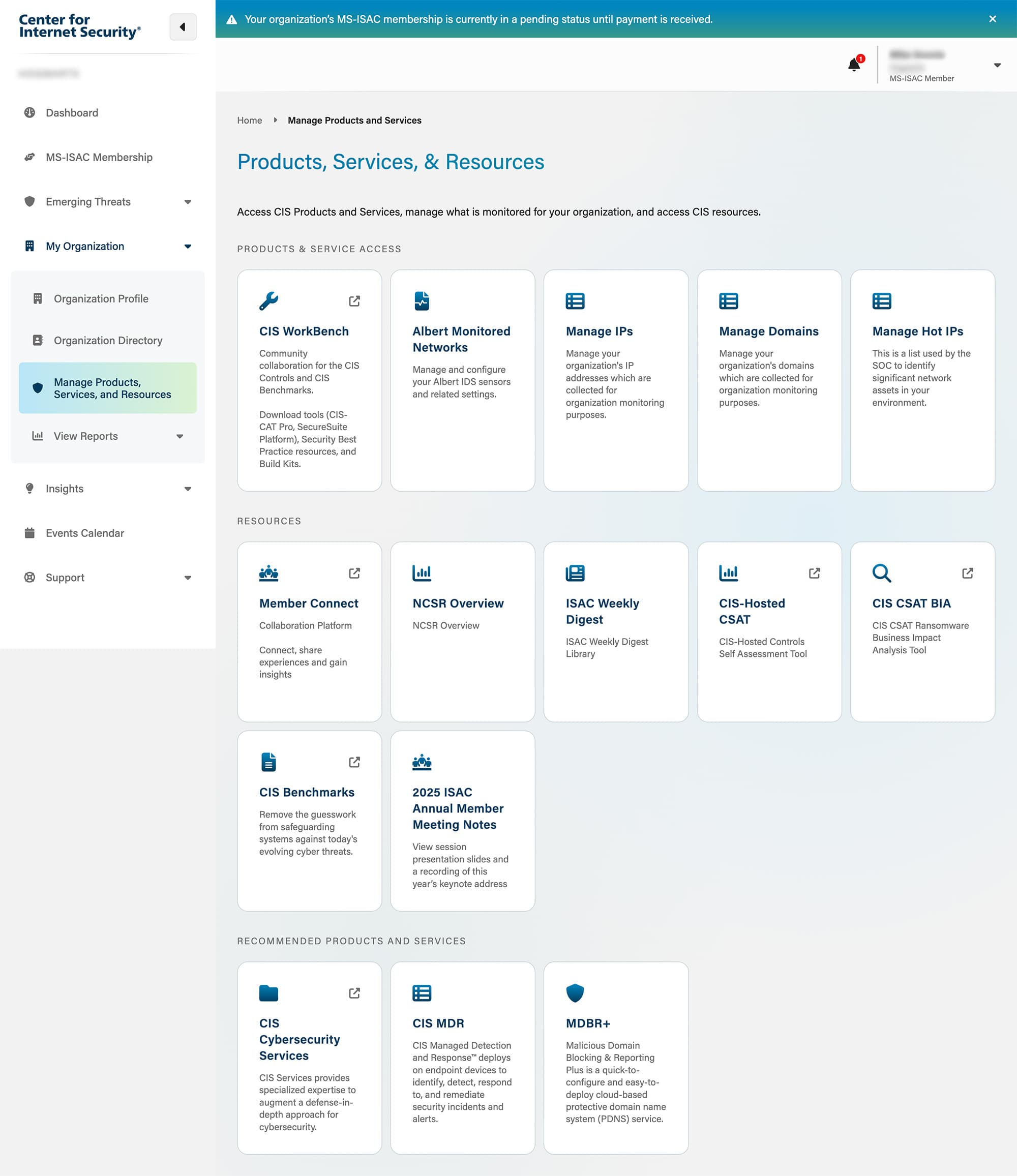Screenshot of the Center for Internet Security Portal's Products and Services page